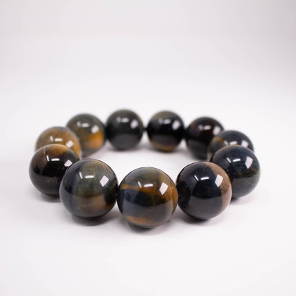 Natural Tiger’s Eye Bracelet, 20mm Large Beads, 11-Bead, Gold & Blue Gemstone, AAA Grade