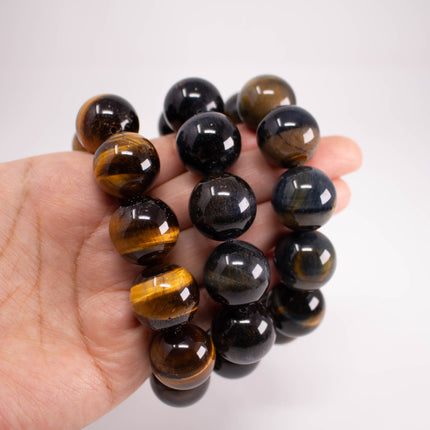 Natural Tiger’s Eye Bracelet, 20mm Large Beads, 11-Bead, Gold & Blue Gemstone, AAA Grade