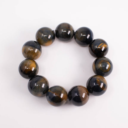 Natural Tiger’s Eye Bracelet, 20mm Large Beads, 11-Bead, Gold & Blue Gemstone, AAA Grade