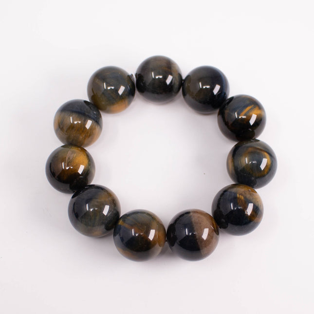 Natural Tiger’s Eye Bracelet, 20mm Large Beads, 11-Bead, Gold & Blue Gemstone, AAA Grade