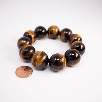 Natural Tiger’s Eye Bracelet, 20mm Large Beads, 11-Bead, Gold & Blue Gemstone, AAA Grade