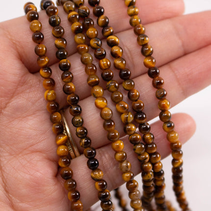 Natural Tiger’s Eye Beads 4mm, Round Smooth, 15 Inch Strand, AAA Chatoyant Gemstone for Jewelry Making