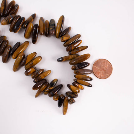 Natural Tiger’s Eye Spike Beads, 10-21mm Long, Tooth Teardrop Point, 15 Inch Strand, AAA Gemstone