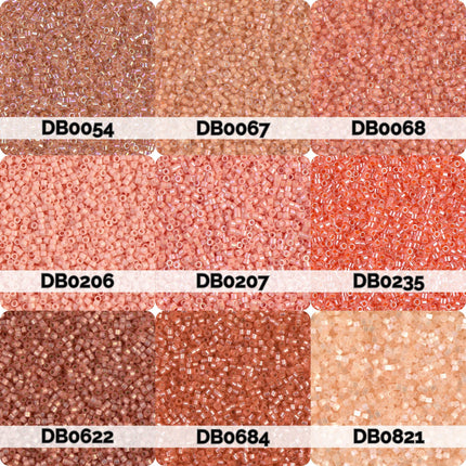 nine different colored beads or grains, each with a unique pattern and color, arranged in a 3x3 grid.