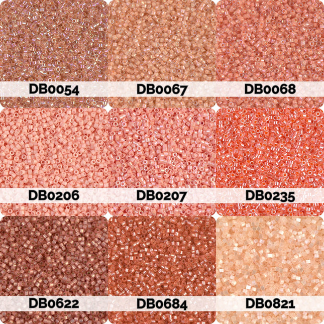 nine different colored beads or grains, each with a unique pattern and color, arranged in a 3x3 grid.