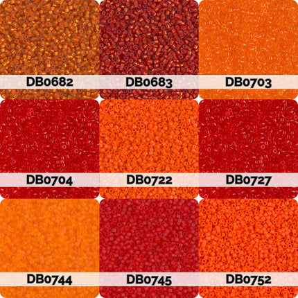 nine different colored beads, including red, orange, and yellow, arranged in a 3x3 grid. Each bead has a unique color and pattern, creating a visually appealing and diverse collection.