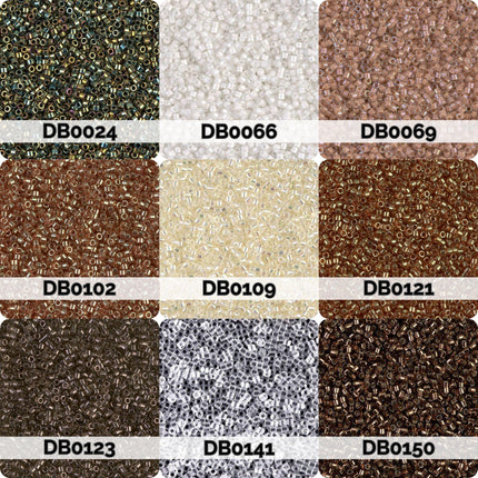 nine different types of beads or materials, each with a unique color and texture. The labels next to each material indicate the bead type, such as "DB024", "DB066", "DB069", "DB099", "DB121", "DB012", "DB013", "DB141", and "DB150".