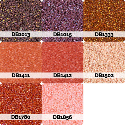 a collection of nine different colored beads, each with a unique label. The labels include "DB1113", "DB1115", "DB1333", "DB1411", "DB1412", "DB1502", "DB1780", and "DB1856". These labels are used to identify the color of each bead in the collection.
