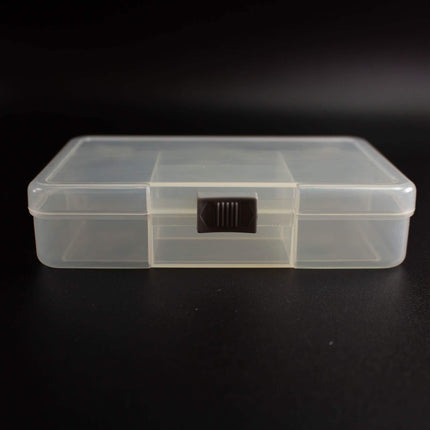 A clear plastic storage container with a black latch on the front, sitting on a black surface.
