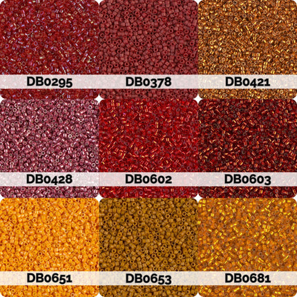nine different colored beads, each with a unique pattern and color, arranged in a 3x3 grid.
