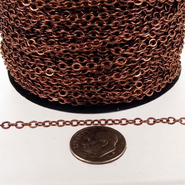 a close-up view of a roll of copper-colored chain link material, with a United States quarter placed next to it to provide a scale reference.