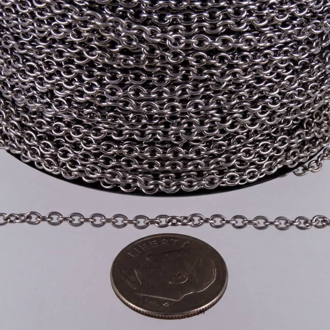 a close-up of a silver chain with a coin placed next to it, indicating the coin's size relative to the chain.