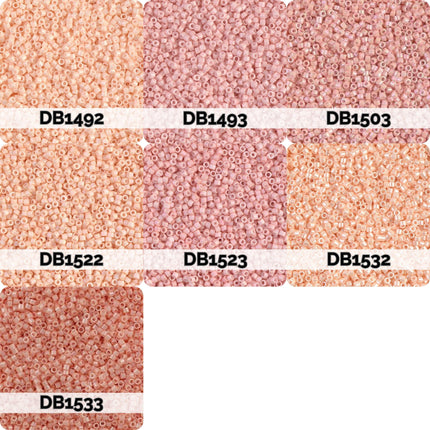 six different shades of pink beads, each labeled with a number. The labels include "DB1492", "DB1493", "DB1503", "DB1522", "DB1523", and "DB1532".