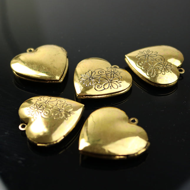 5 pcs Antique GOLD Heart Locket Pendant Charm - 29x29mm 7mm thickness - Brass Locket Pendant Charm