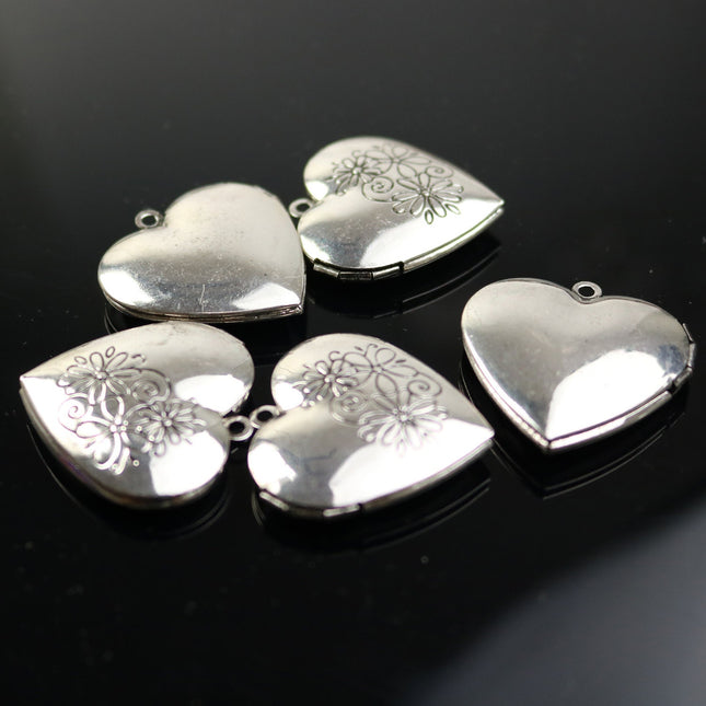5 pcs Antique SILVER Heart Locket Pendant Charm - 29x29mm 7mm thickness - Brass Locket Pendant Charm