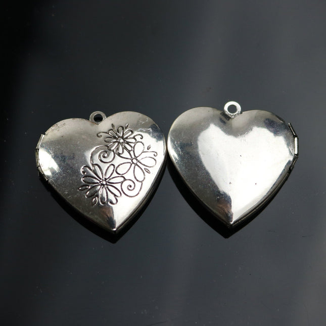 5 pcs Antique SILVER Heart Locket Pendant Charm - 29x29mm 7mm thickness - Brass Locket Pendant Charm