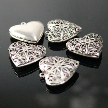 5 pcs Antique SILVER Heart Filigree Locket Pendant Charm - 25mm 1 inch 8mm thickness - Brass Locket Pendant Charm