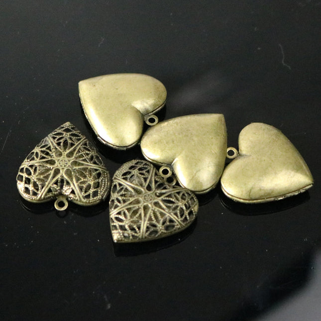 5 pcs Antique Brass Heart Filigree Locket Pendant Charm - 25mm 1 inch 8mm thickness - Brass Locket Pendant Charm