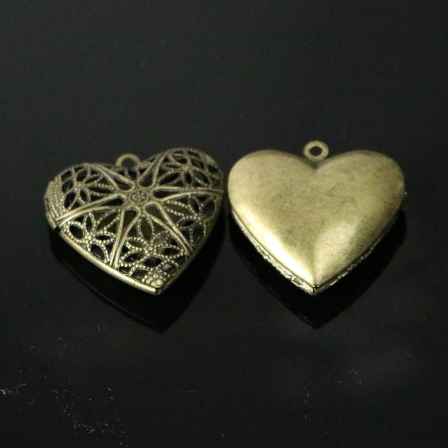5 pcs Antique Brass Heart Filigree Locket Pendant Charm - 25mm 1 inch 8mm thickness - Brass Locket Pendant Charm