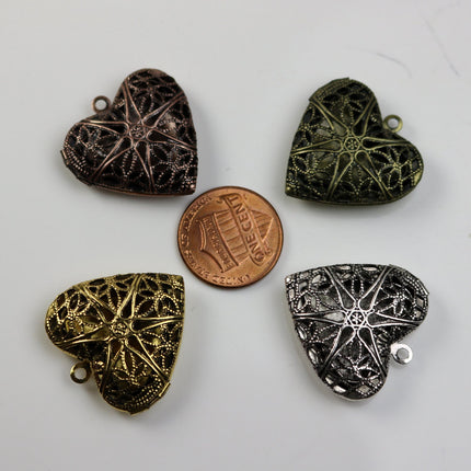 5 pcs Antique SILVER Heart Filigree Locket Pendant Charm - 25mm 1 inch 8mm thickness - Brass Locket Pendant Charm