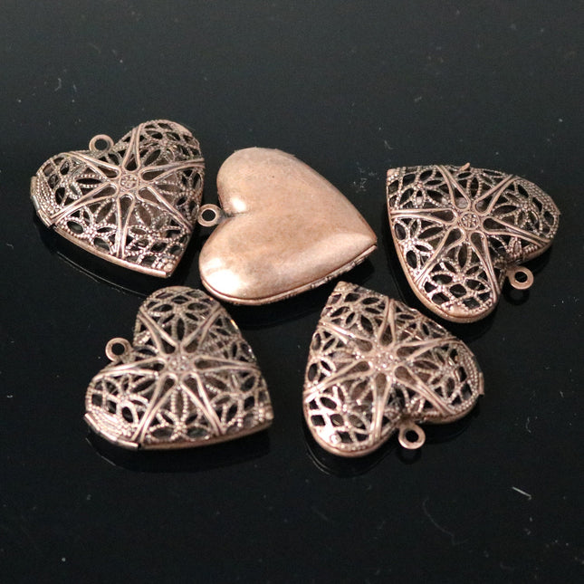 5 pcs Antique COPPER Heart Filigree Locket Pendant Charm - 25mm 1 inch 8mm thickness - Brass Locket Pendant Charm