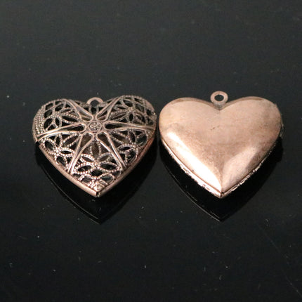 5 pcs Antique COPPER Heart Filigree Locket Pendant Charm - 25mm 1 inch 8mm thickness - Brass Locket Pendant Charm
