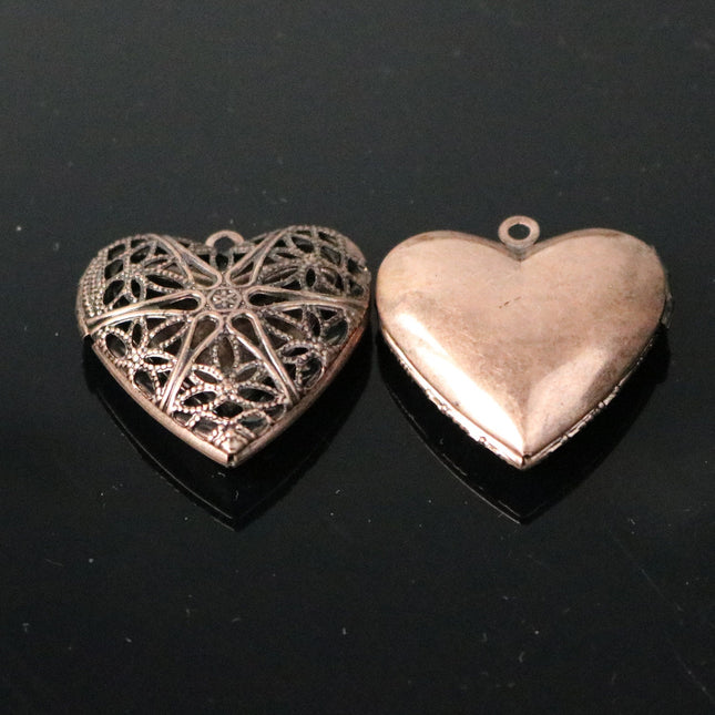 5 pcs Antique COPPER Heart Filigree Locket Pendant Charm - 25mm 1 inch 8mm thickness - Brass Locket Pendant Charm