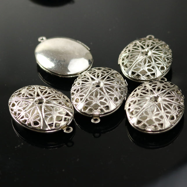 5 pcs Antique SILVER Filigree Locket OVAL Big Pendant Charm - 27x39mm 10mm thickness - Brass Locket Pendant Charm