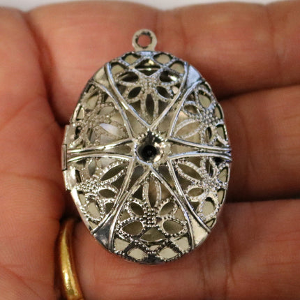 5 pcs Antique SILVER Filigree Locket OVAL Big Pendant Charm - 27x39mm 10mm thickness - Brass Locket Pendant Charm