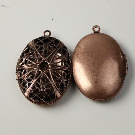 5 pcs Antique COPPER Filigree Locket OVAL Big Pendant Charm - 27x39mm 10mm thickness - Brass Locket Pendant Charm
