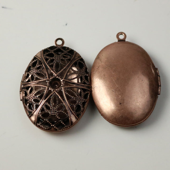 5 pcs Antique COPPER Filigree Locket OVAL Big Pendant Charm - 27x39mm 10mm thickness - Brass Locket Pendant Charm