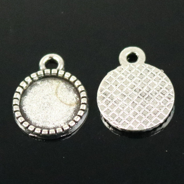 50 Round Antique Silver Bezel - for 10mm 3/8inch  - Circle Pendant Blank Bezel . for Cabochon Cameo Pendants, Photo Jewelry, Post Setting