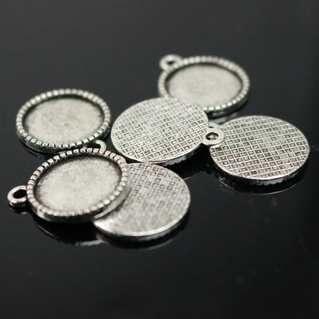 50 Round Antique Silver Bezel - for 14mm 9/16inch  - Circle Pendant Blank Bezel . for Cabochon Cameo Pendants, Photo Jewelry, Post Setting
