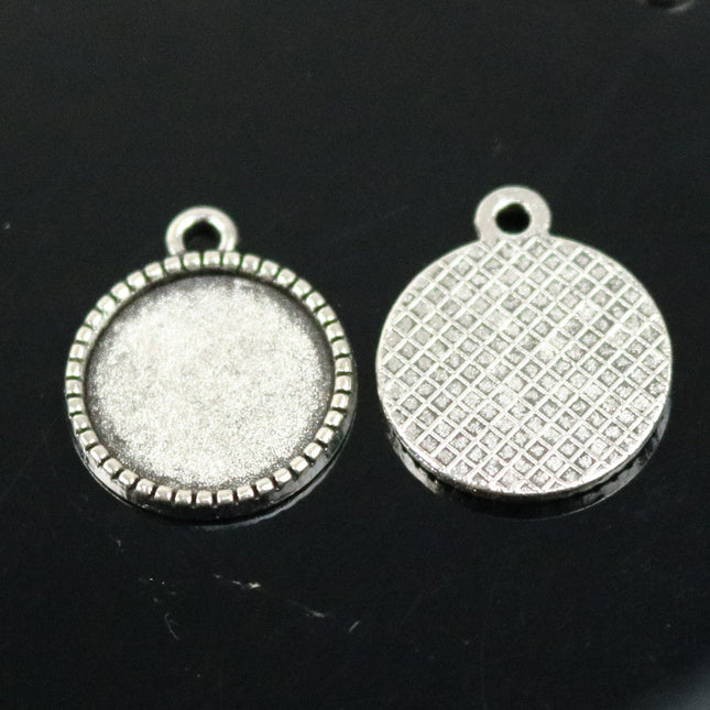 50 Round Antique Silver Bezel - for 14mm 9/16inch  - Circle Pendant Blank Bezel . for Cabochon Cameo Pendants, Photo Jewelry, Post Setting