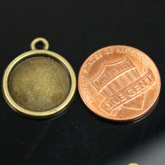 50 Round Antique Brass Bezel - for 14mm 9/16inch  - Circle Pendant Blank Bezel . for Cabochon Cameo Pendants, Photo Jewelry, Post Setting