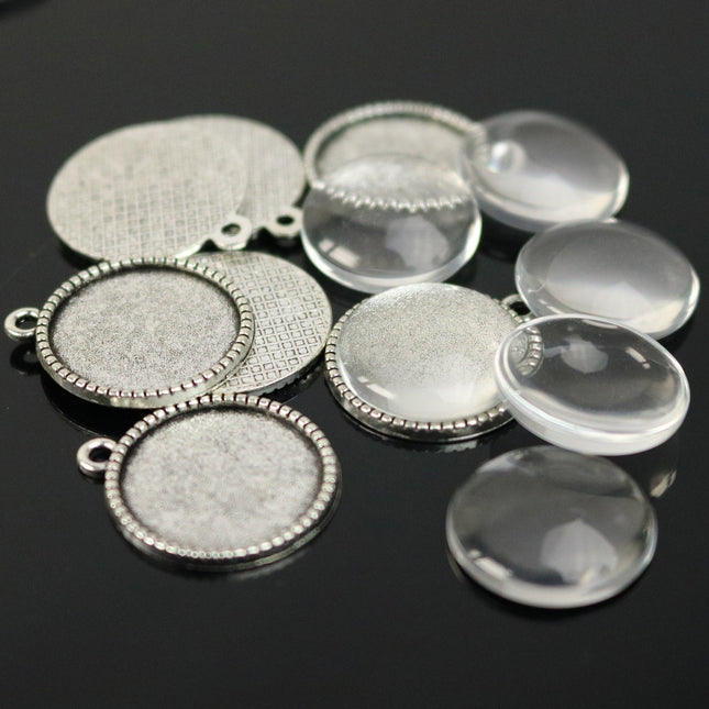 Pendant BEZELS with GLASS Magnifying Domes Cabochon - 5 sets 10 pcs  - 18mm 3/4 inch Antique Silver Bezel and Circle Domed Glass Cabochon