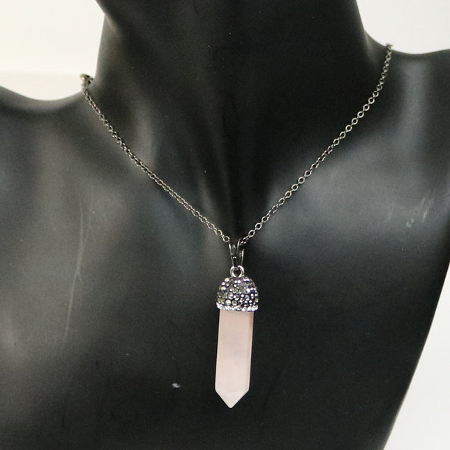 1, 5, 10pcs POINT Charm Point Pendant with 20 inch Maching Necklace, 38x8.5 mm - Rose Quartz, Cubic Zirconia & Gunmetal Edging -Color U-Pick