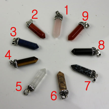 1, 5, 10pcs POINT Charm Point Pendant with 20 inch Matching Necklace 38x8.5 mm - Agate, Cubic Zirconia & Gunmetal Edging -Color U-Pick