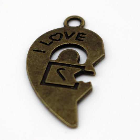 5 pcs Antique Brass Alloy Charm, Couple Charm, 1/2 Half Heart Charm with Lock and Key - 30x15mm, Antique Bronze - from California USA MC438