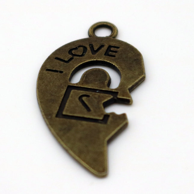 5 pcs Antique Brass Alloy Charm, Couple Charm, 1/2 Half Heart Charm with Lock and Key - 30x15mm, Antique Bronze - MC438