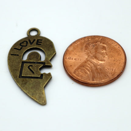 5 pcs Antique Brass Alloy Charm, Couple Charm, 1/2 Half Heart Charm with Lock and Key - 30x15mm, Antique Bronze - MC438