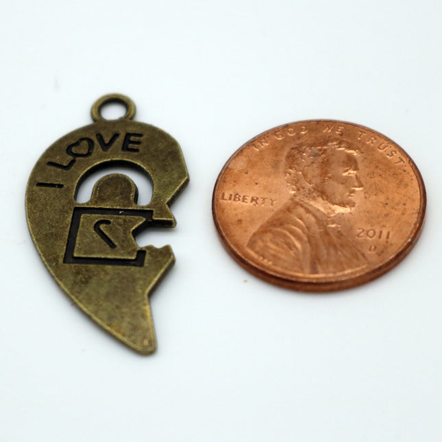 5 pcs Antique Brass Alloy Charm, Couple Charm, 1/2 Half Heart Charm with Lock and Key - 30x15mm, Antique Bronze - MC438