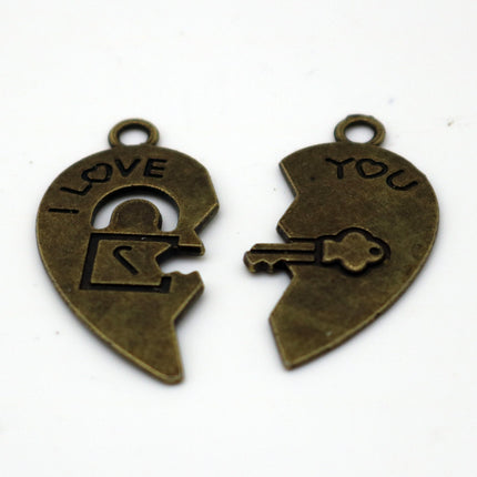 5 set Antique Brass Alloy Charm, Couple Charm, 1/2 + 1/2 Heart Charm with Lock and Key - 30x15mm, Antique Bronze - MC4378