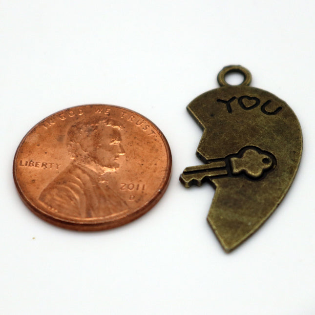 5 pcs Antique Brass Alloy Charm, Couple Charm, 1/2 Half Heart Charm with Lock and Key - 30x15mm, Antique Bronze - MC437