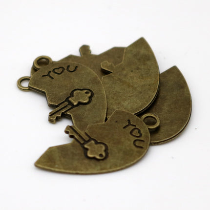 5 pcs Antique Brass Alloy Charm, Couple Charm, 1/2 Half Heart Charm with Lock and Key - 30x15mm, Antique Bronze - MC437