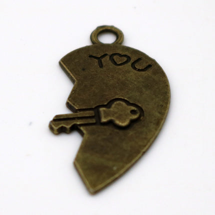 5 set Antique Brass Alloy Charm, Couple Charm, 1/2 + 1/2 Heart Charm with Lock and Key - 30x15mm, Antique Bronze - MC4378