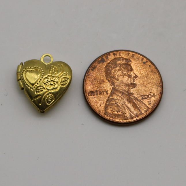 Raw BRASS Filigree Locket Heart in Heart Pendant Charm Dangle - 13x15mm - Brass Locket Pendant Charm - A49