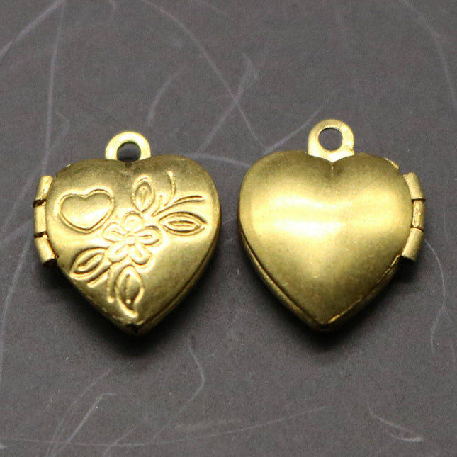 Raw BRASS Filigree Locket Small Flower in Heart Pendant Charm Dangle - 12x10.4mm - Brass Locket Charm - A37