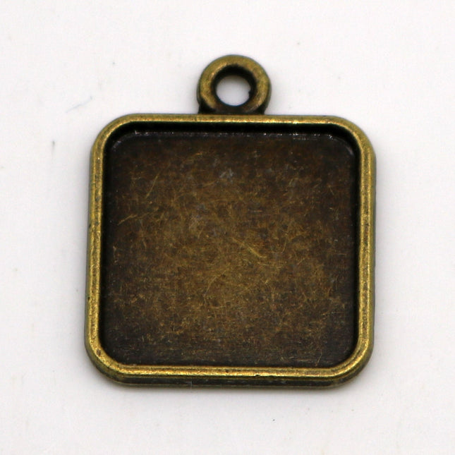 50 Pcs of SQUARE Antique Brass Bezel - for 15mmX15mm GLASS Magnifying Domes Cabochon - Pendant Blank Bezel . for Cabochon, Photo Jewelry