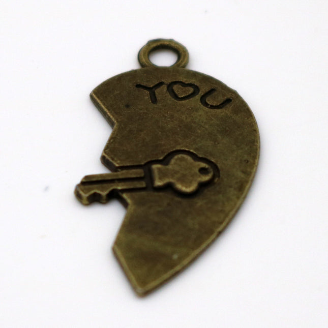 5 pcs Antique Brass Alloy Charm, Couple Charm, 1/2 Half Heart Charm with Lock and Key - 30x15mm, Antique Bronze - MC437